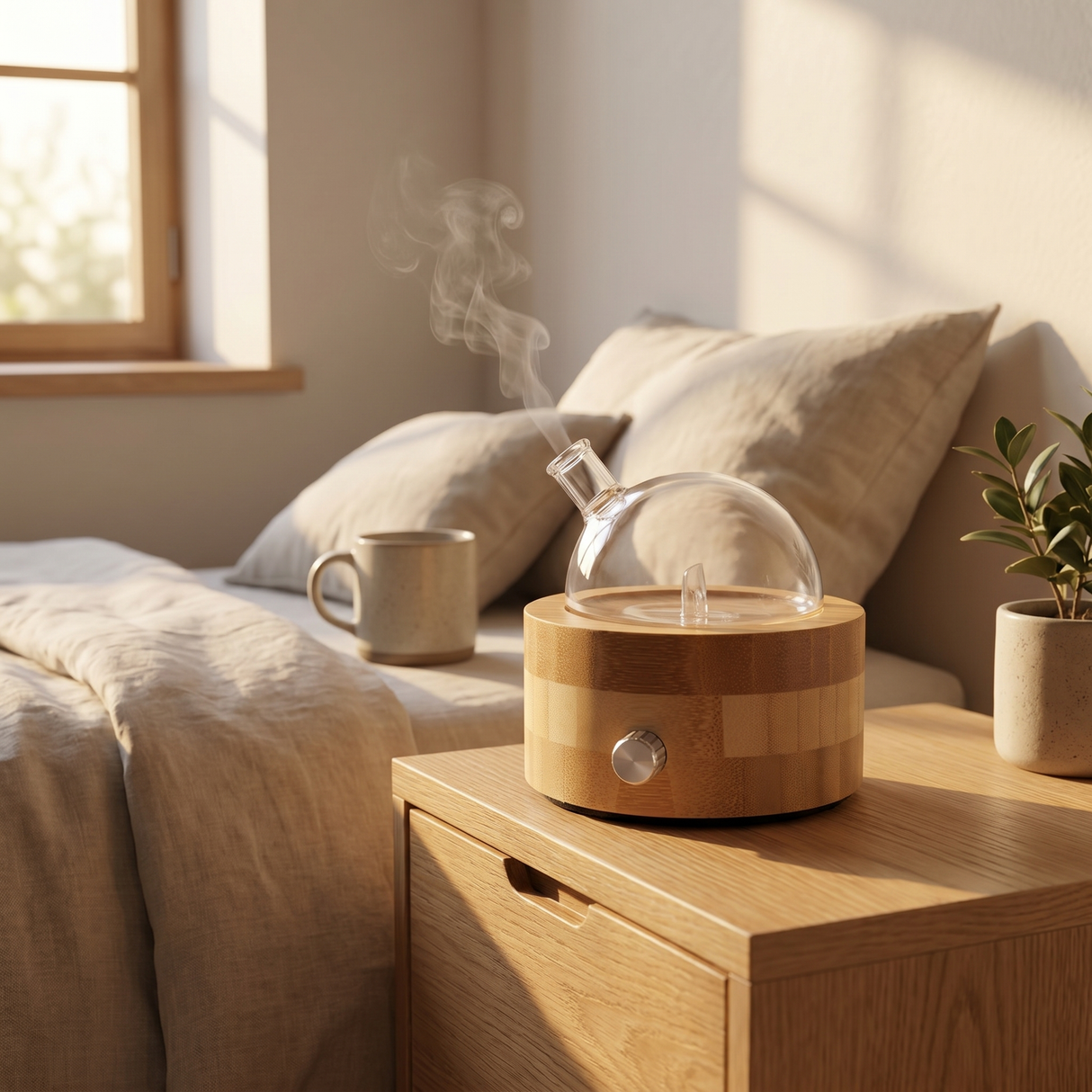 Waterless nebulizer diffuser, Mondo, on a nightstand with aromatic vapor