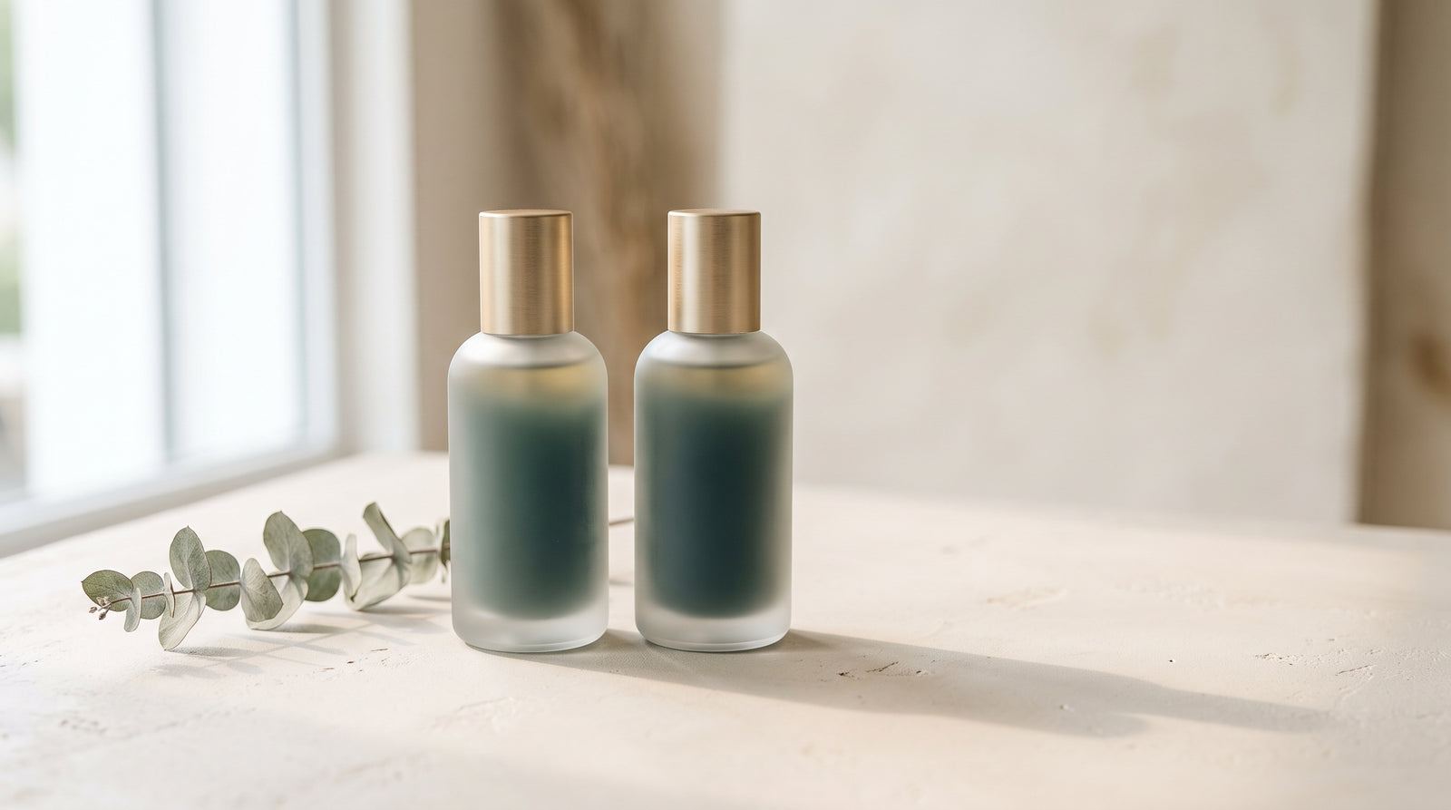 Two identical frosted-glass bottles side by side, illustrating fragrance-free versus unscented products.