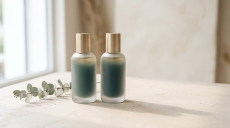 Two identical frosted-glass bottles side by side, illustrating fragrance-free versus unscented products.