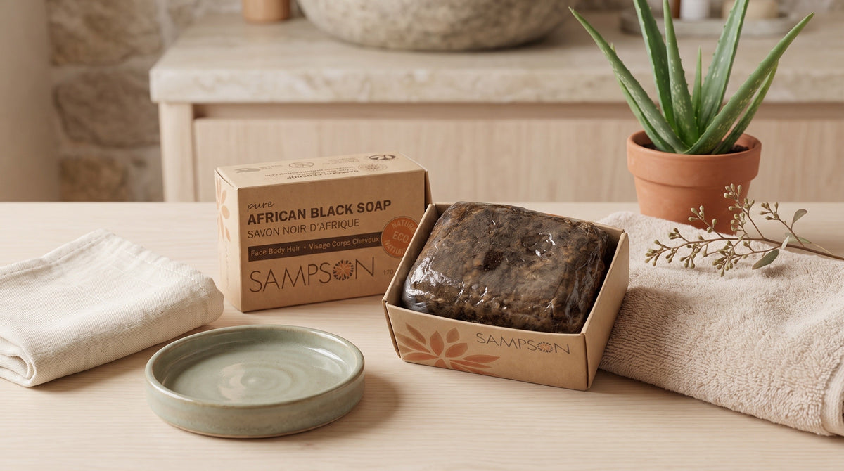 African Black Soap in a calm, sunlit bathroom self-care scene