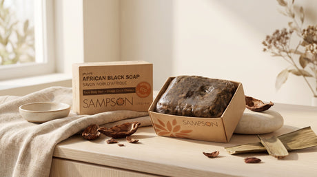 Sampson African Black Soap bar styled with cocoa pod and plantain leaf accents