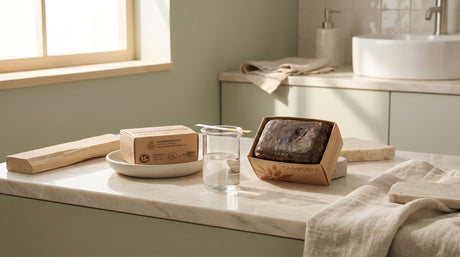 African Black Soap bar on a marble counter next to a glass beaker and pH test strip, evoking the science of soap chemistry
