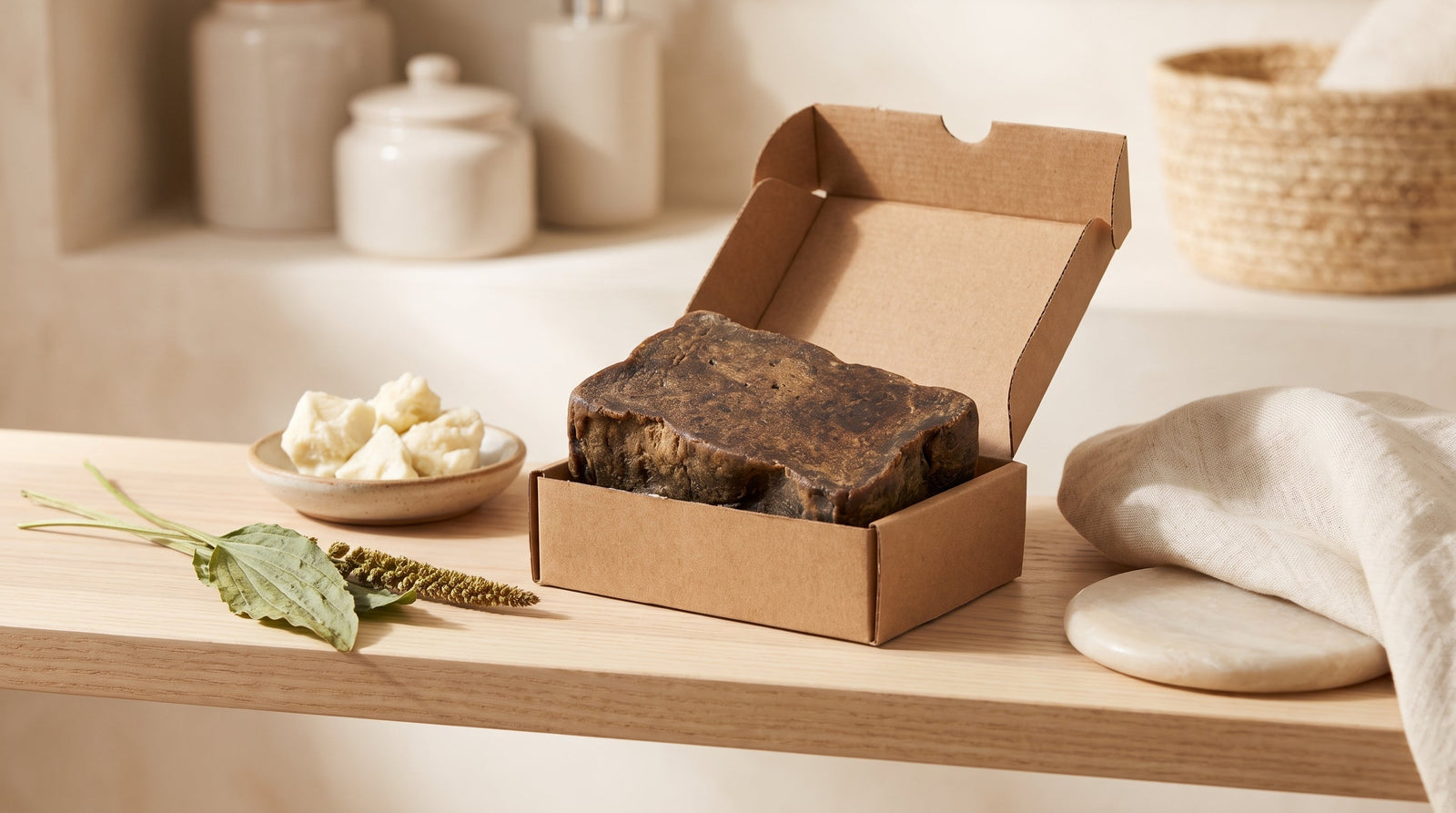 Sampson African Black Soap bar on a bathroom shelf with shea butter and plantain leaf