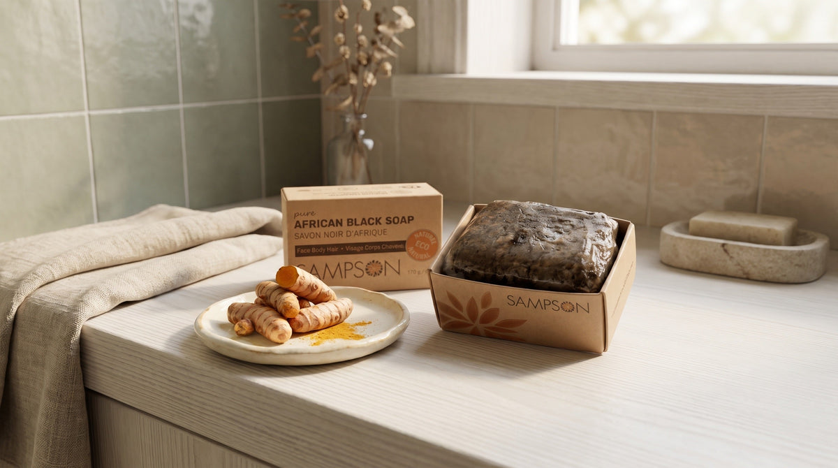 Sampson African Black Soap next to raw turmeric root and powder, comparing the two natural soaps
