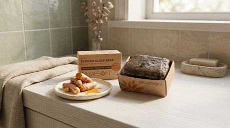 Sampson African Black Soap next to raw turmeric root and powder, comparing the two natural soaps