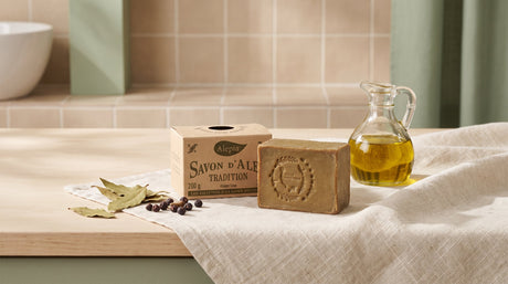 Traditional Aleppo Soap bar with olive oil and bay laurel leaves — the two ingredients in Aleppo soap