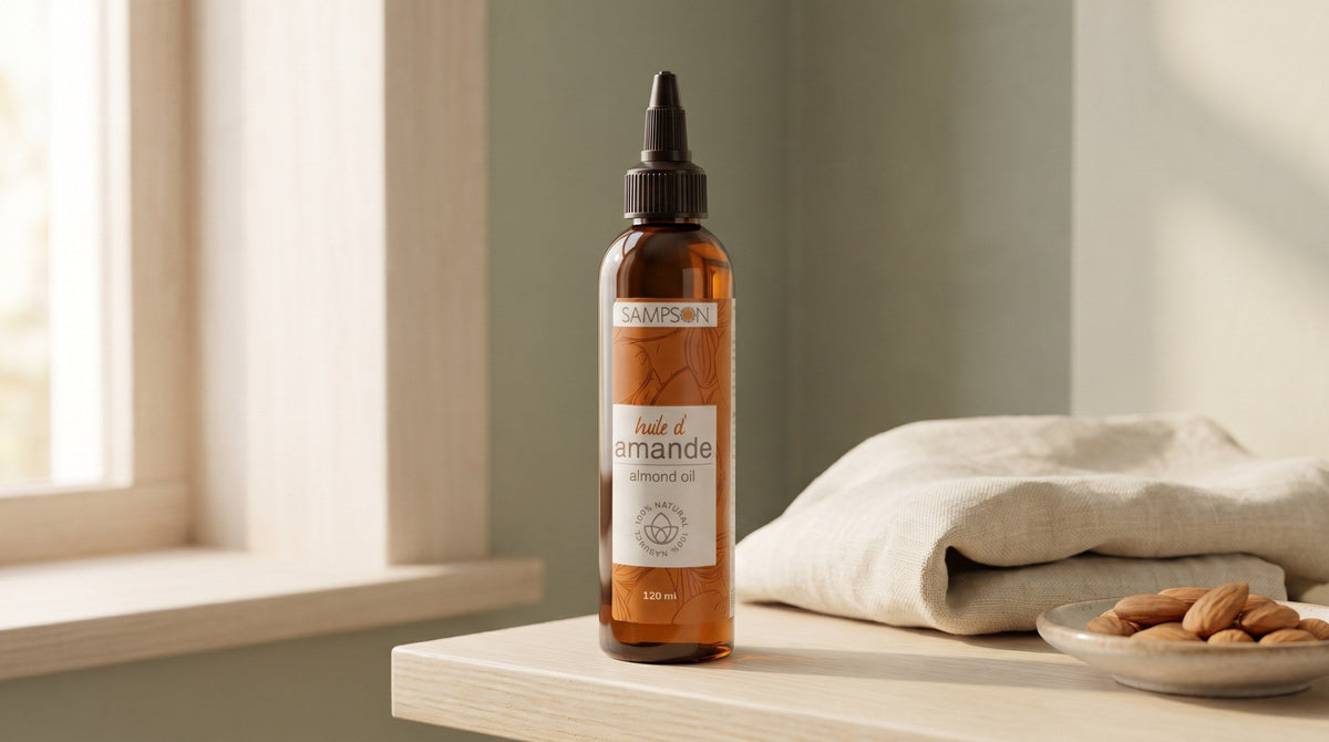 Sampson Pure Almond Oil amber bottle on a pale wood bathroom shelf beside a folded linen towel and a small ceramic dish of raw almonds in soft window light