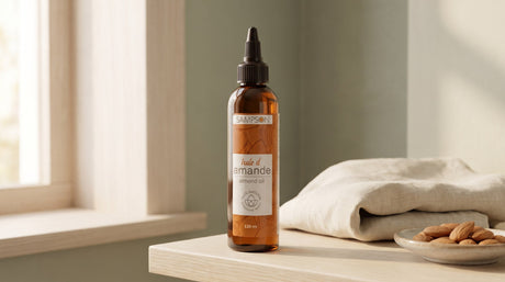 Sampson Pure Almond Oil amber bottle on a pale wood bathroom shelf beside a folded linen towel and a small ceramic dish of raw almonds in soft window light
