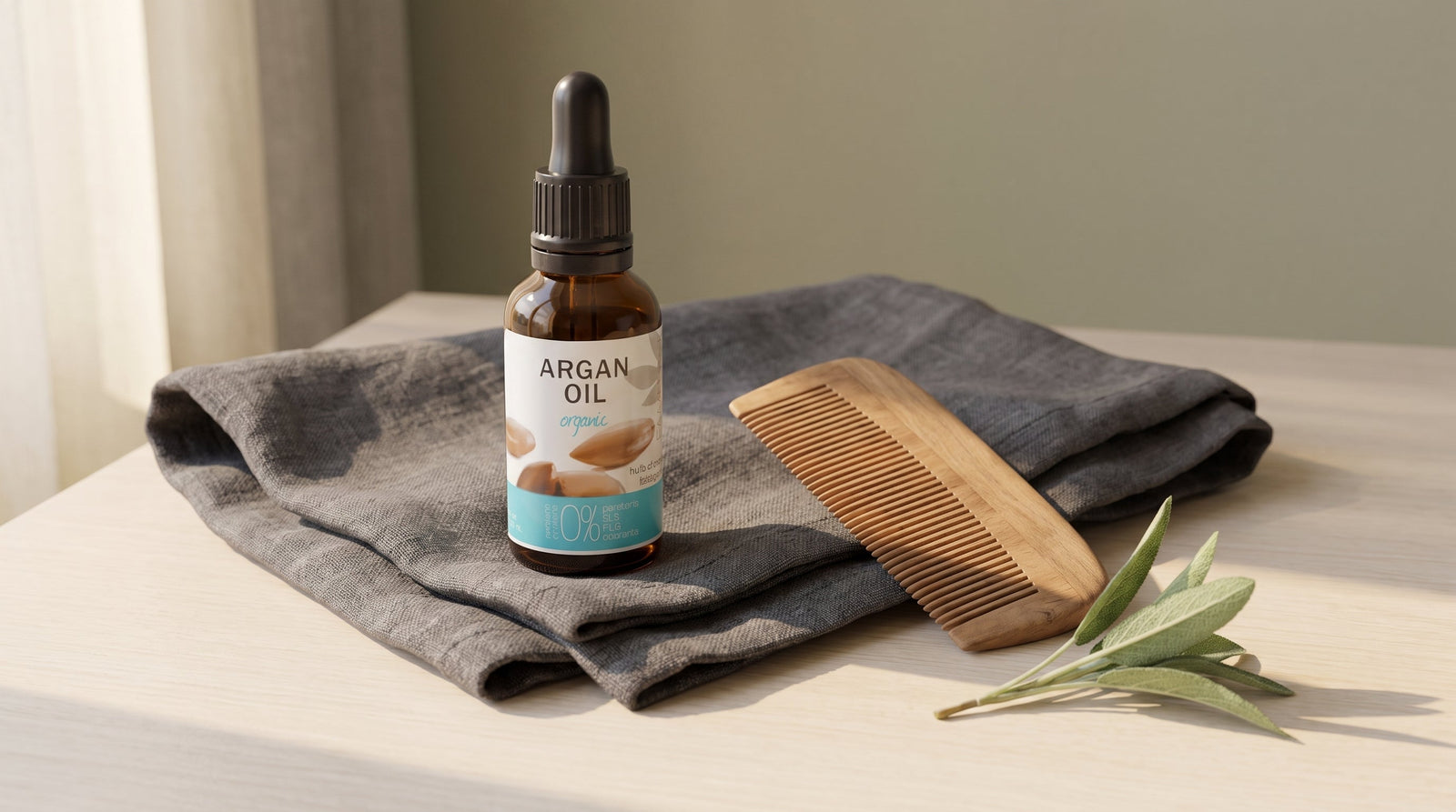Argan oil pipette bottle with beard comb on linen towel