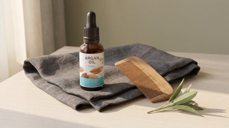 Argan oil pipette bottle with beard comb on linen towel