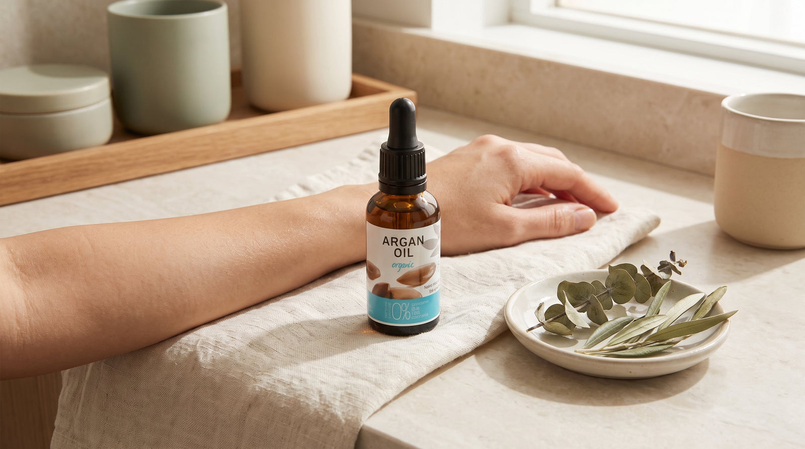 Argan oil pipette bottle on linen with a hand resting calmly nearby, soothing skincare scene