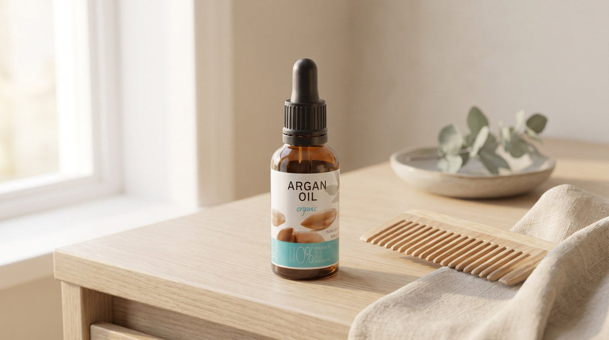 Sampson Argan Oil Pipette on a pale oak bathroom vanity beside a wooden comb and a folded linen towel in soft window light