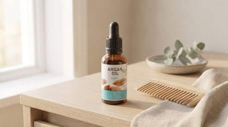 Sampson Argan Oil Pipette on a pale oak bathroom vanity beside a wooden comb and a folded linen towel in soft window light