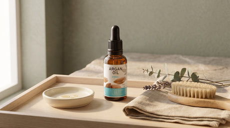Argan oil pipette bottle on a wooden tray with a ceramic dish and nail brush