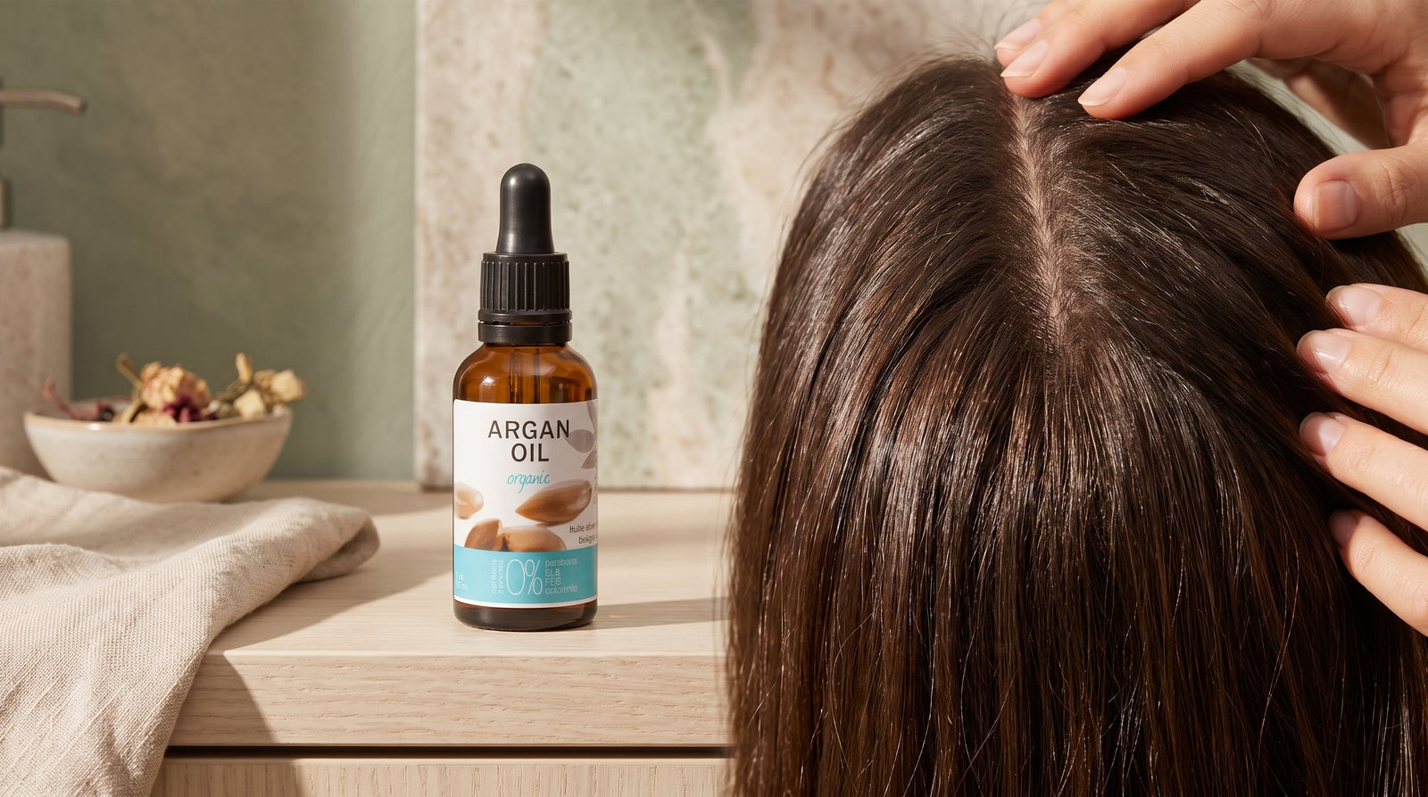 Argan oil pipette bottle beside hair being parted to show the scalp - Sampson Eco Shop