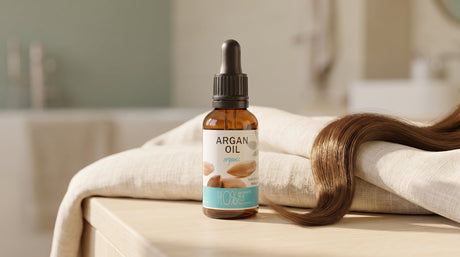 Sampson Argan Oil Pipette bottle on linen with a glossy strand of hair
