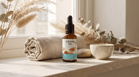 Argan oil pipette bottle beside a rolled linen towel on a sunlit stone ledge