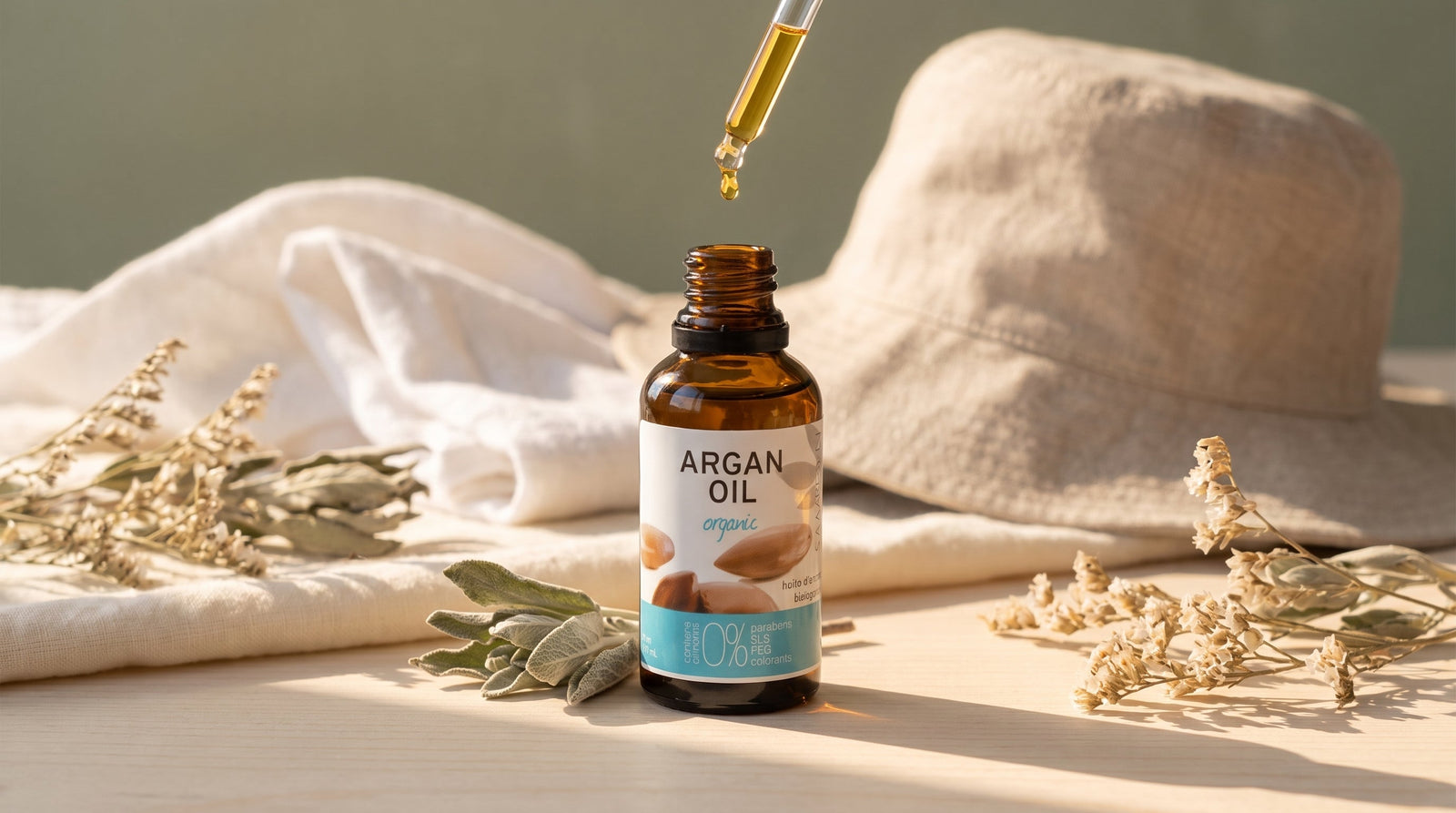 Argan oil pipette bottle styled with linen and dried botanicals for sun-care skincare