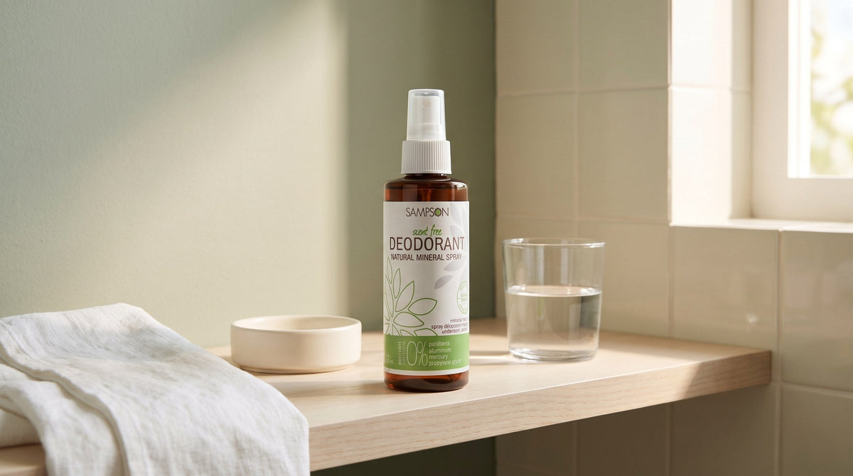 Sampson Natural Deodorant Spray, Scent Free, standing on a pale wooden bathroom shelf beside a folded linen towel, a small ceramic dish and a glass of water