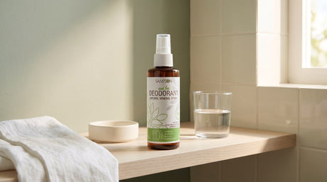 Sampson Natural Deodorant Spray, Scent Free, standing on a pale wooden bathroom shelf beside a folded linen towel, a small ceramic dish and a glass of water