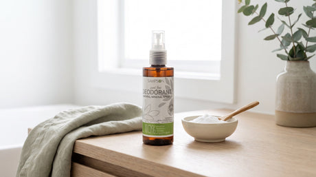 Sampson scent-free natural mineral deodorant spray on a bathroom vanity beside a bowl of baking soda