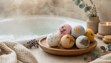 Bath creamers for dry skin — colorful handmade cocoa butter bath melts on a wooden tray beside a warm bathtub