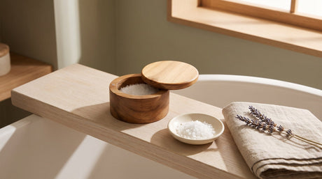 A round wooden salt box of bath salts with its lid ajar on a pale wood tub ledge beside a dish of salt crystals, a folded linen towel and dried lavender