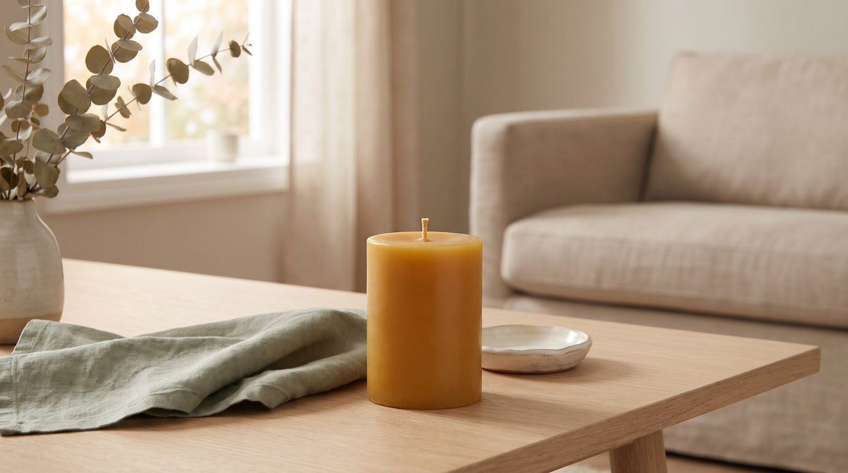 Golden pillar beeswax candle on a pale wood coffee table beside a folded sage linen napkin and a small ceramic dish in soft window light