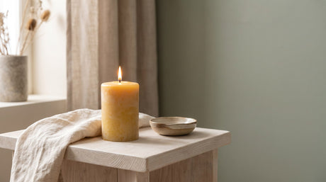 Golden pillar beeswax candle burning on a pale wood side table beside a folded linen napkin and a small ceramic dish in soft window light