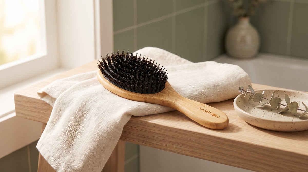 Sampson bamboo boar bristle hair brush with the SAMPSON engraving on its handle, resting on a folded linen towel on a pale wood shelf beside a ceramic dish with a sprig of eucalyptus in soft window light
