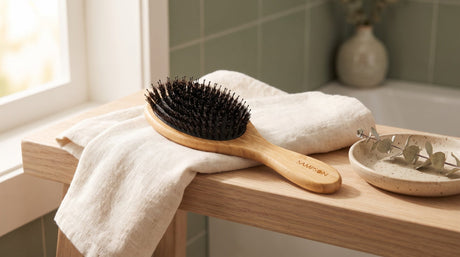 Sampson bamboo boar bristle hair brush with the SAMPSON engraving on its handle, resting on a folded linen towel on a pale wood shelf beside a ceramic dish with a sprig of eucalyptus in soft window light