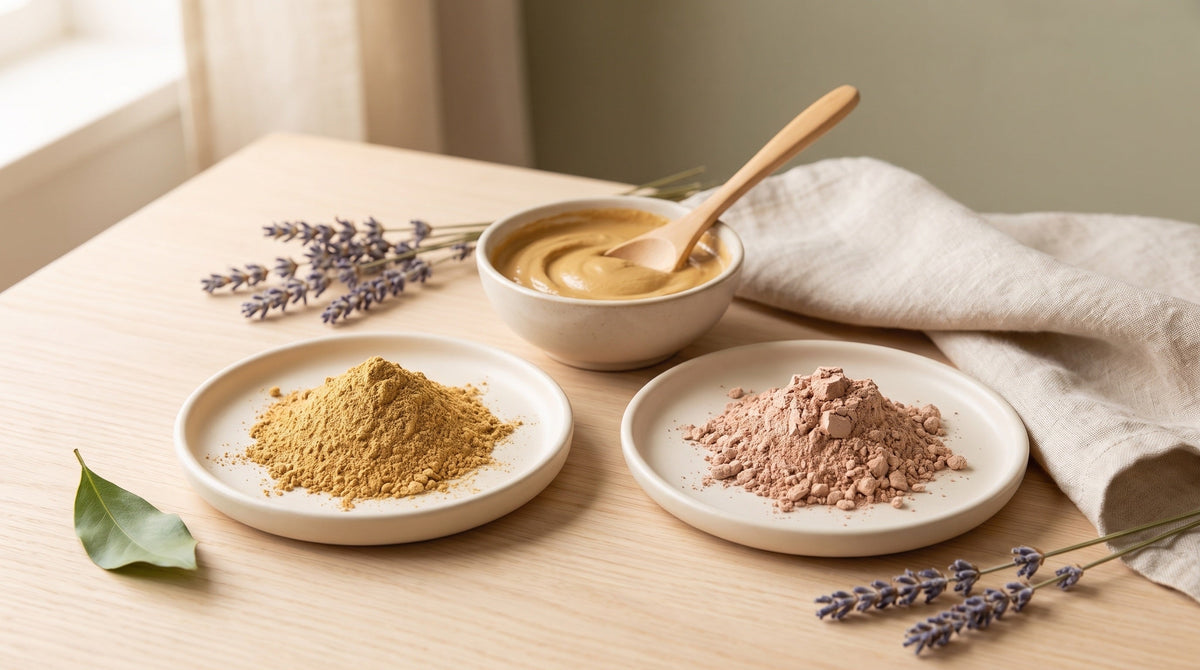 Two dishes of multani mitti and rhassoul clay powder beside a bowl of mixed clay paste with a wooden spoon