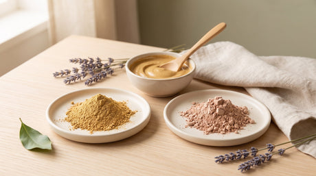 Two dishes of multani mitti and rhassoul clay powder beside a bowl of mixed clay paste with a wooden spoon