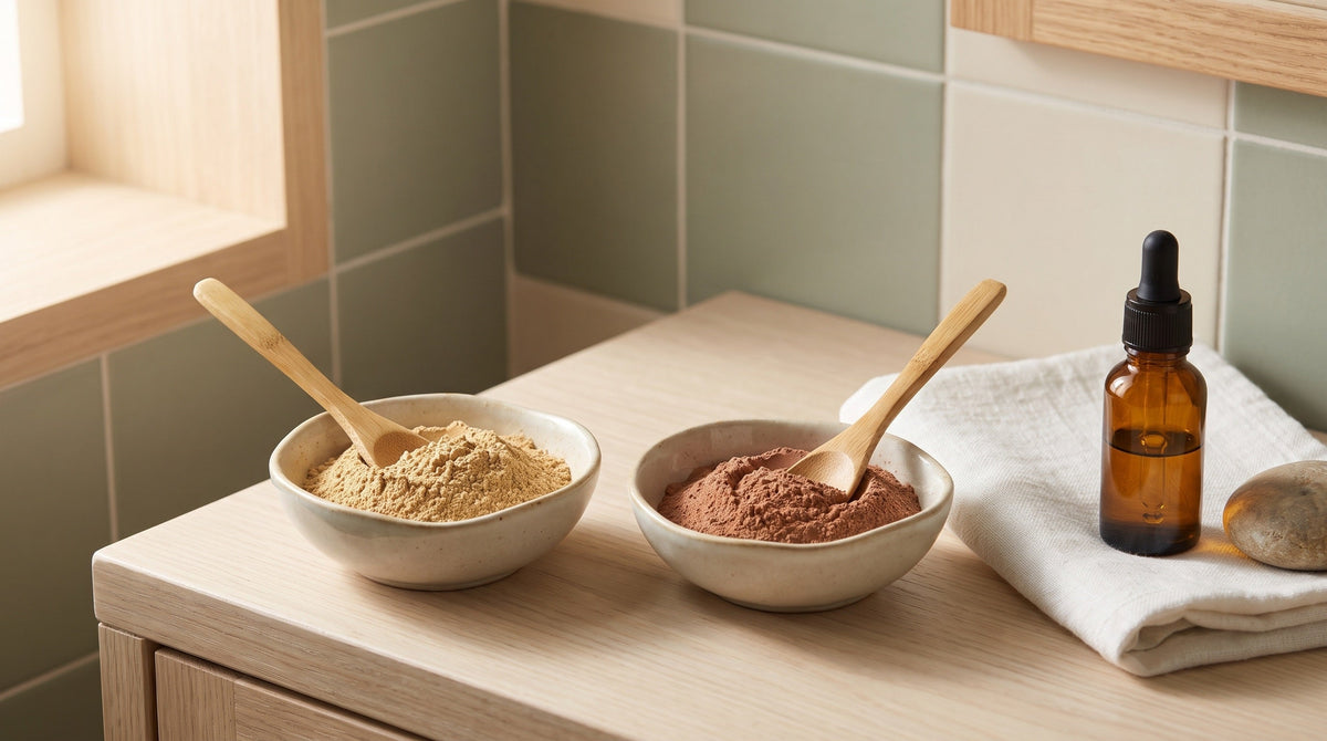 Bowls of multani mitti and rhassoul clay powder for a pore-care face mask