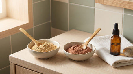 Bowls of multani mitti and rhassoul clay powder for a pore-care face mask
