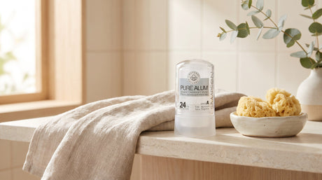 Clear Sampson Pure Alum mineral deodorant stone on a pale stone bathroom shelf beside a folded linen towel, a natural sea sponge in a ceramic dish and eucalyptus in soft window light