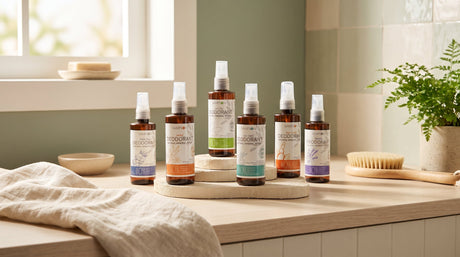 Sampson Natural Deodorant Spray bottles styled on a bathroom shelf