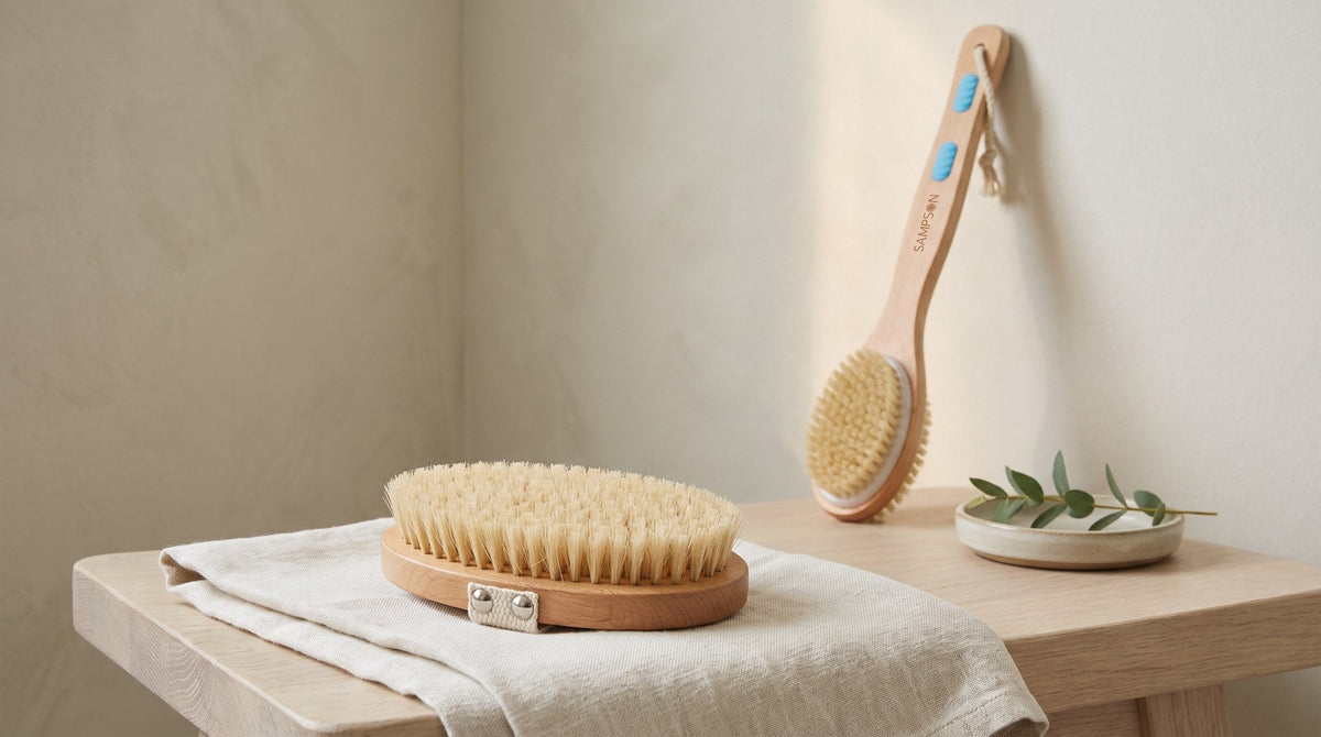 An oval wooden palm brush with natural bristles on a folded linen towel and a long-handled wooden back brush with a SAMPSON wordmark leaning on a pale wall beside a dish with a sprig of green leaves in soft window light