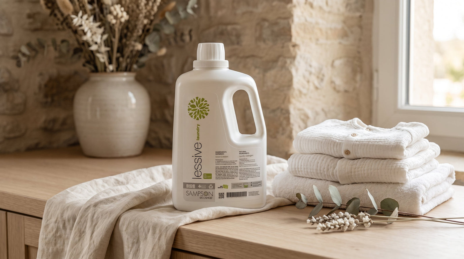 Sampson Eco Laundry Detergent bottle on a linen laundry counter with folded white towels, sensitive-skin laundry care