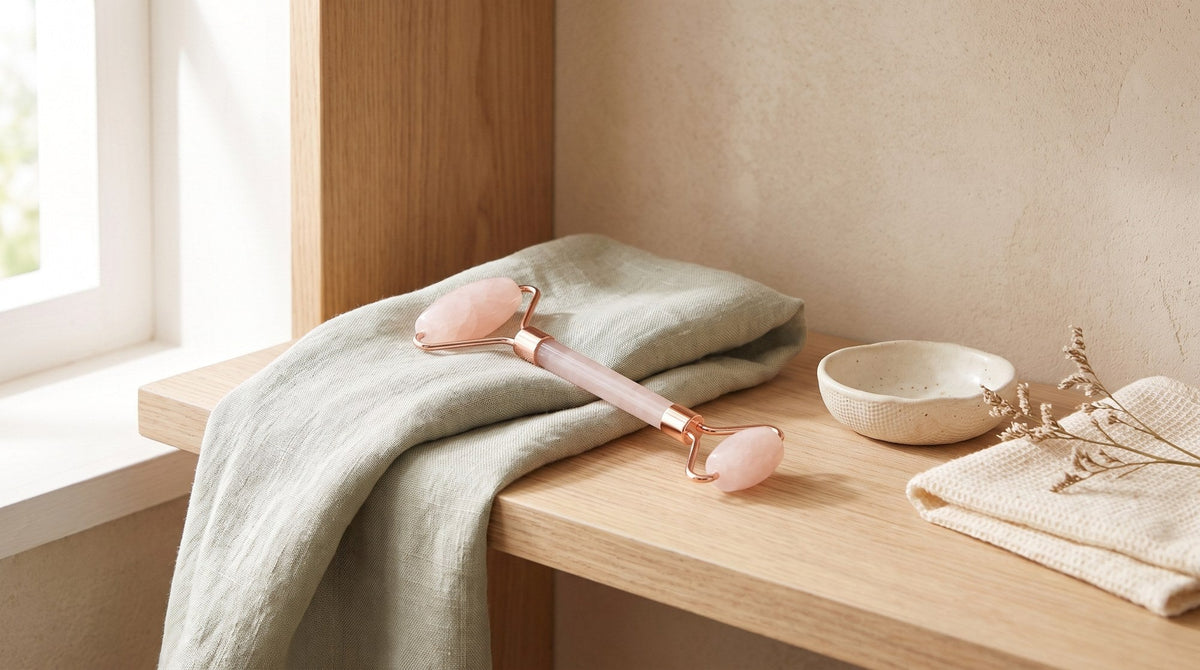 A rose quartz facial roller with a rose-gold frame lying on a folded sage linen cloth on a pale wood shelf beside a small cream ceramic dish, in soft window light