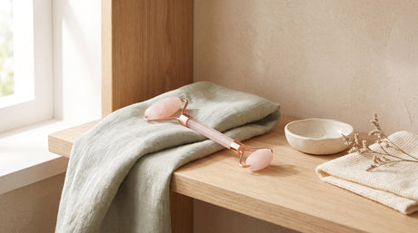 A rose quartz facial roller with a rose-gold frame lying on a folded sage linen cloth on a pale wood shelf beside a small cream ceramic dish, in soft window light