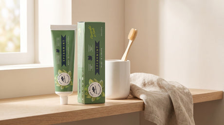 Green Spearmint toothpaste tube and carton standing on a pale oak bathroom shelf beside a white ceramic cup with a bamboo toothbrush and a folded linen towel in soft window light