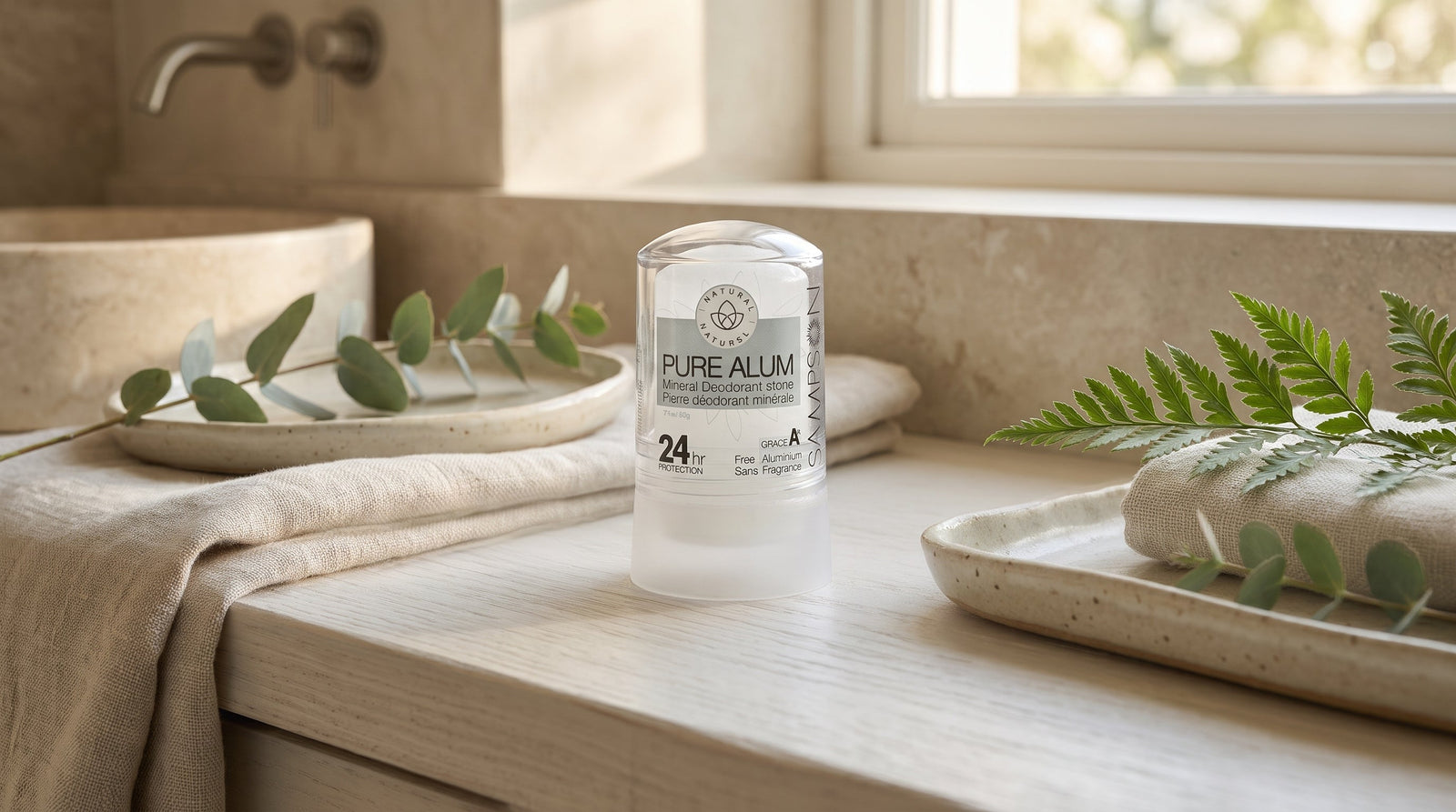 Sampson Pure Alum Mineral Deodorant styled in a fragrance-free eco bathroom scene