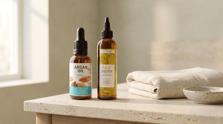Argan oil dropper bottle and Sampson jojoba oil bottle on a limestone bathroom shelf beside a folded linen towel
