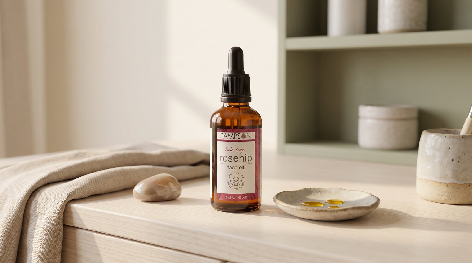 Sampson Rosehip Face Oil on a spa vanity, fragrance-free skincare