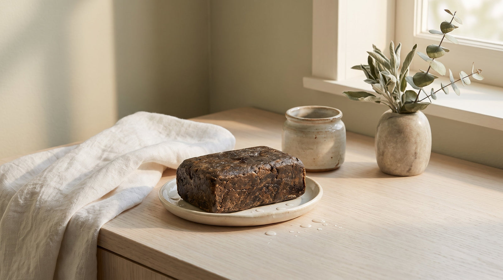 Fragrance-free African Black Soap bar in a calm spa setting for sensitive skin