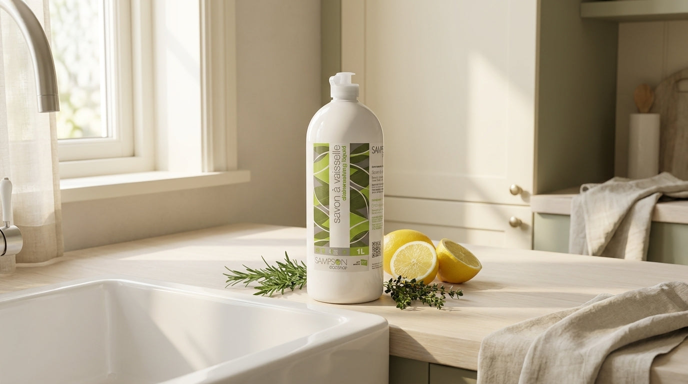 Eco dish soap bottle on a clean farmhouse kitchen countertop with lemon and fresh herbs