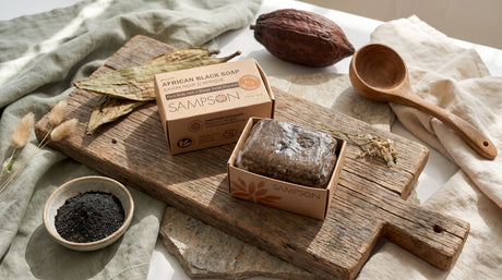 African Black Soap bar with ash-making ingredients — plantain leaves, cocoa pod, and ash powder