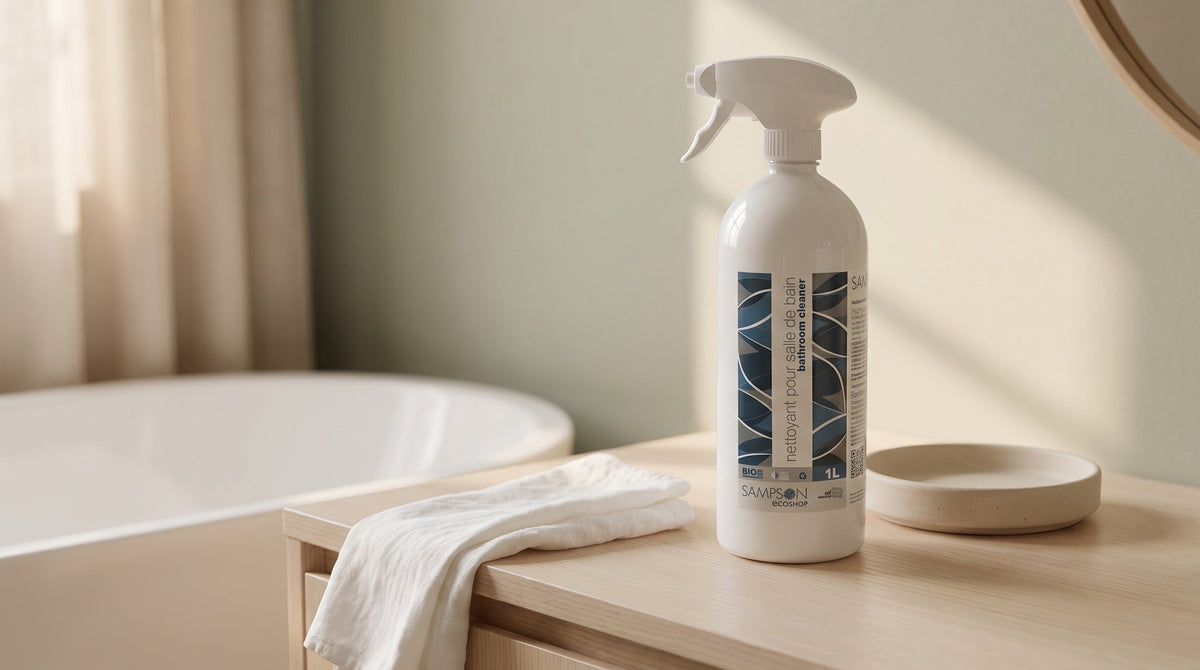 Sampson Eco Bathroom Cleaner spray bottle on a wooden vanity beside a bathtub with a folded white cloth