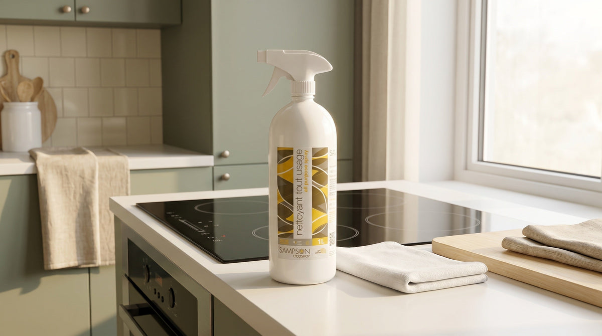 Sampson Eco All Purpose Spray bottle on a kitchen counter beside a glass cooktop